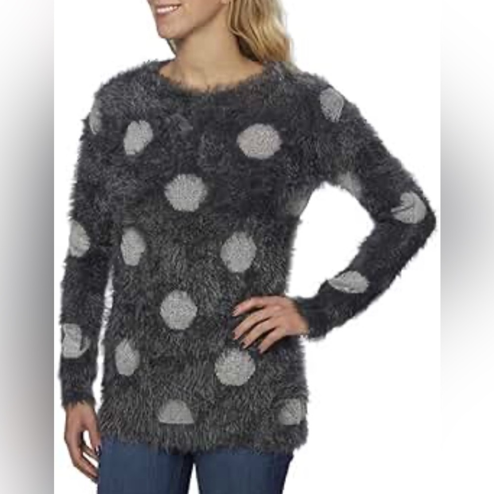 NWT Women’s Joseph A. Eyelash‎ Sweater Crew Charcoal Dot Fuzzy Soft Pullover XL.